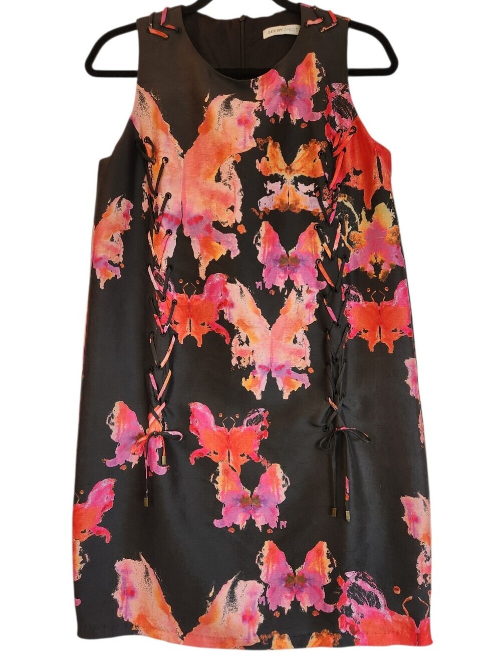 See by Chloé Watercolor Butterfly Silk Dress Size 6 Front Lace Up Details Luxury